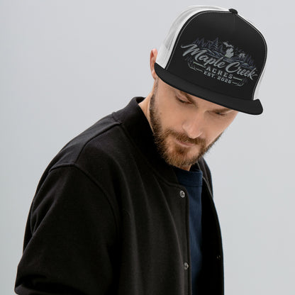Maple Creek Acres Flat-Bill Trucker Cap in Black/White — front view