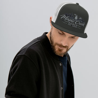 Maple Creek Acres Flat-Bill Trucker Cap in Charcoal/White — front view