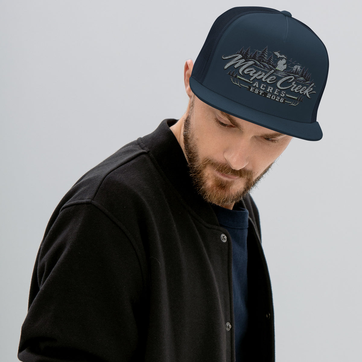 Maple Creek Acres Flat-Bill Trucker Cap in Navy — front view