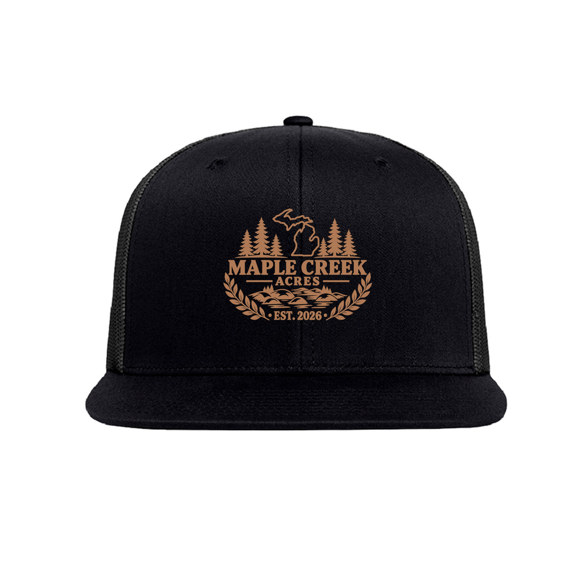Maple Creek Acres High-Profile Trucker Cap in Black — front view