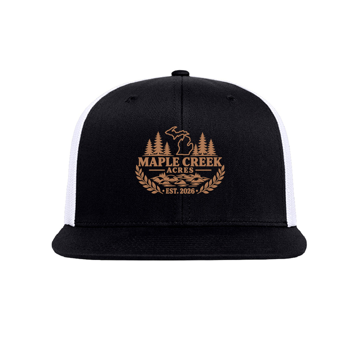Maple Creek Acres High-Profile Trucker Cap in Black/White — front view