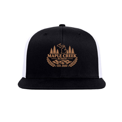 Maple Creek Acres High-Profile Trucker Cap in Black/White — front view