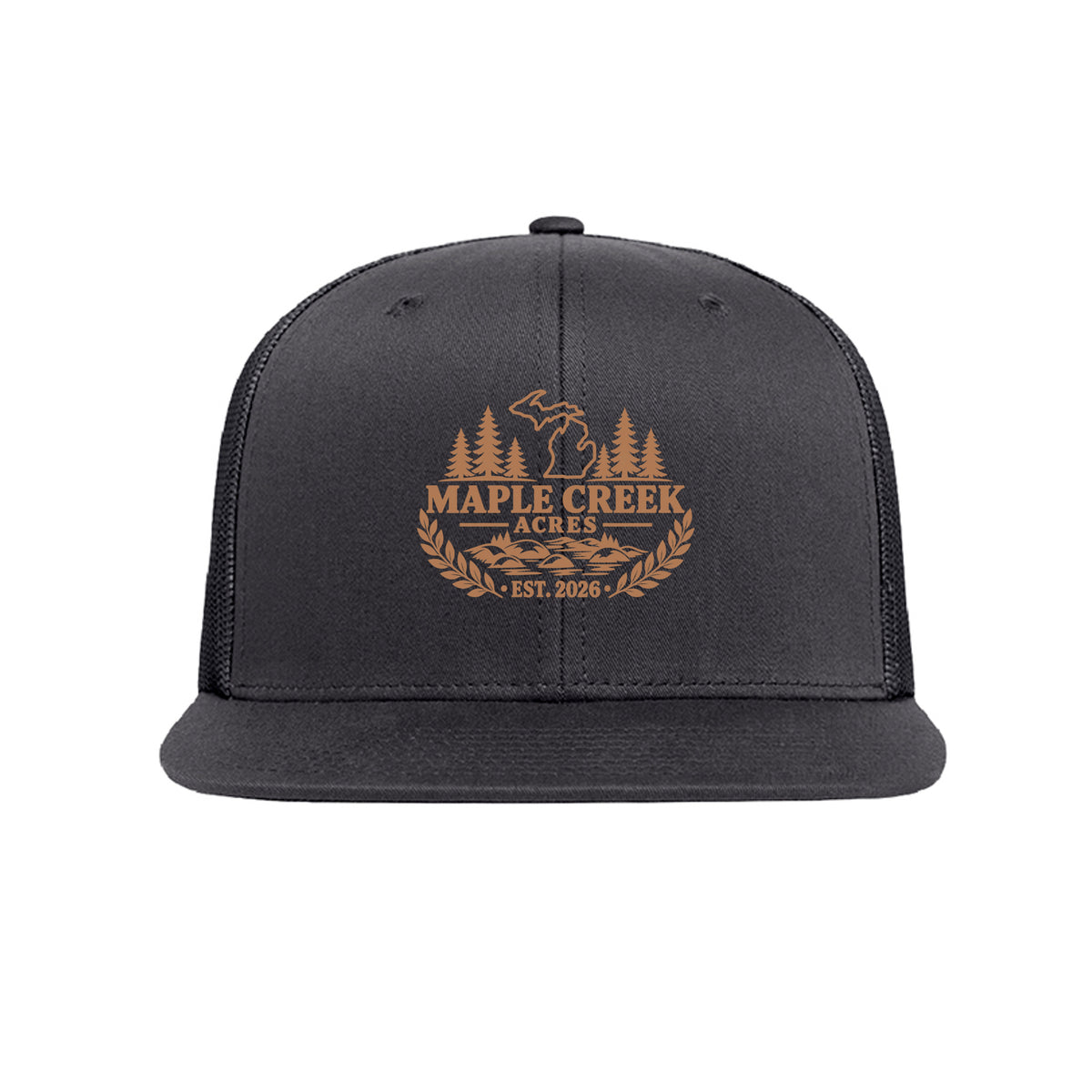 Maple Creek Acres High-Profile Trucker Cap in Charcoal — front view