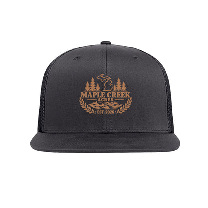 Maple Creek Acres High-Profile Trucker Cap in Charcoal — front view