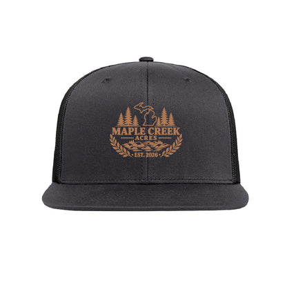 Maple Creek Acres High-Profile Trucker Cap in Charcoal/Black — front view