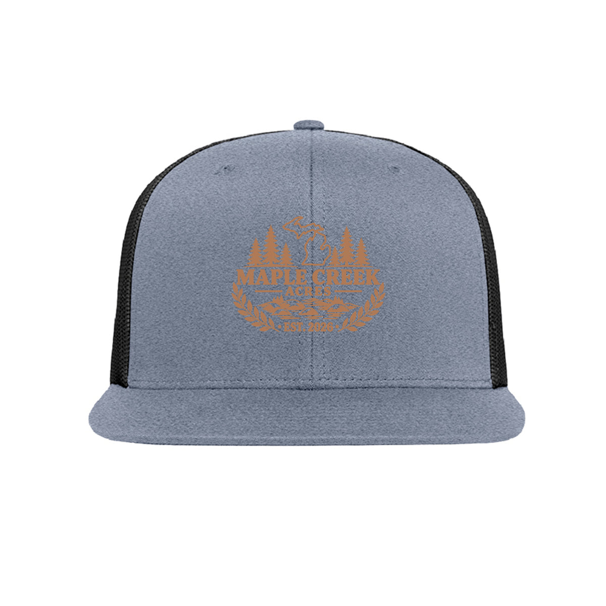 Maple Creek Acres High-Profile Trucker Cap in Heather Grey/Black — front view