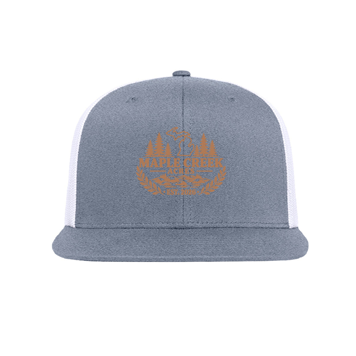 Maple Creek Acres High-Profile Trucker Cap in Heather Grey/White — front view