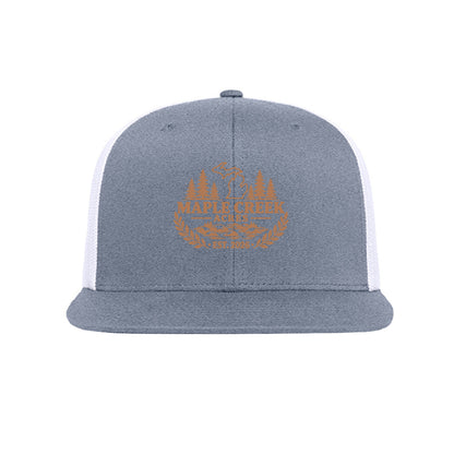 Maple Creek Acres High-Profile Trucker Cap in Heather Grey/White — front view