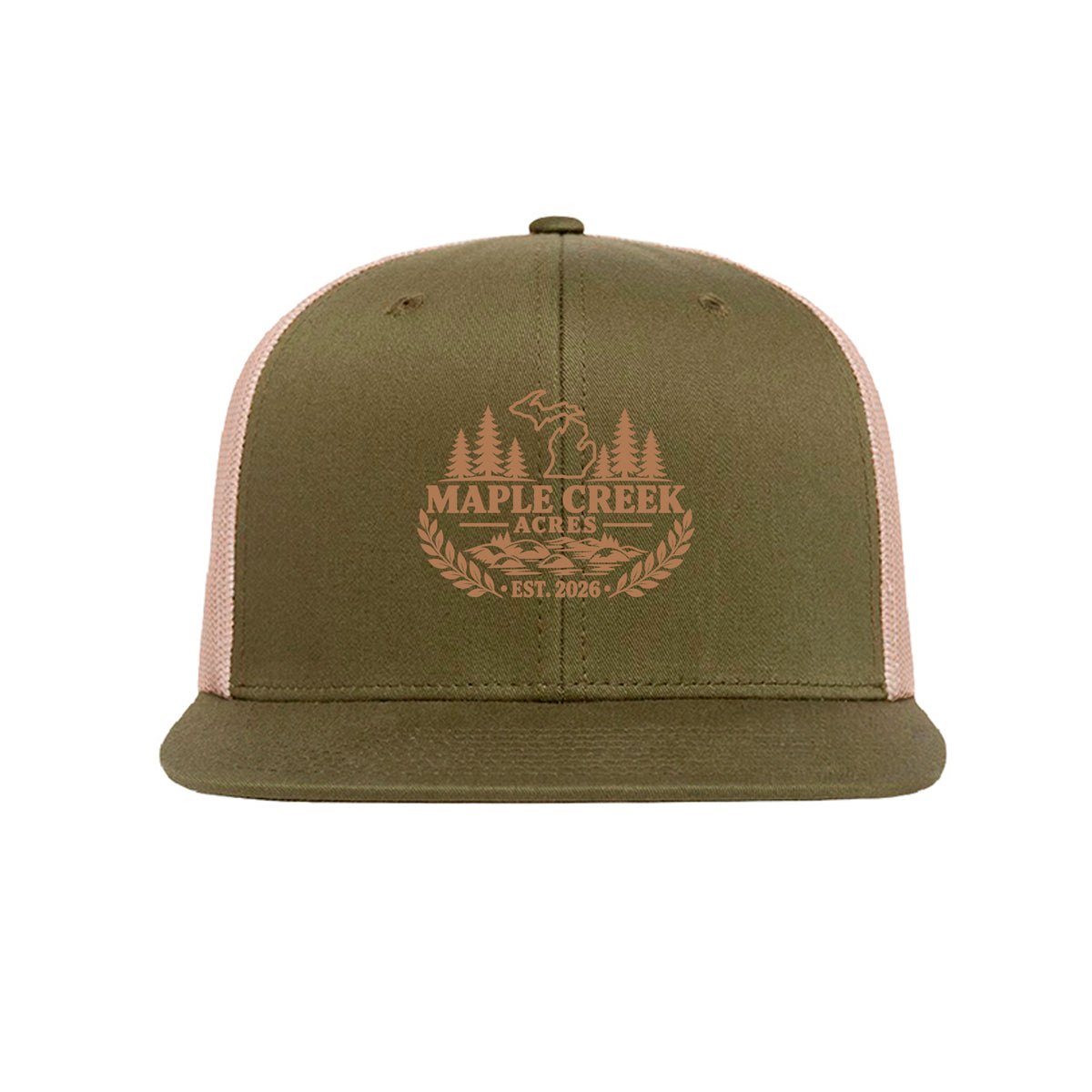 Maple Creek Acres High-Profile Trucker Cap in Moss Green/Khaki — front view