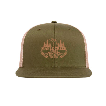 Maple Creek Acres High-Profile Trucker Cap in Moss Green/Khaki — front view