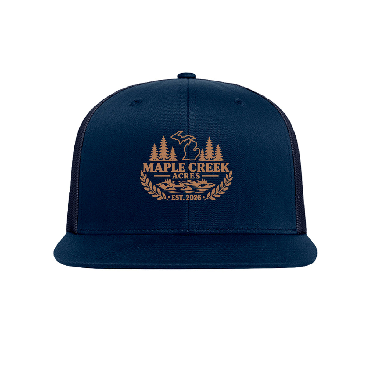 Maple Creek Acres High-Profile Trucker Cap in Navy — front view