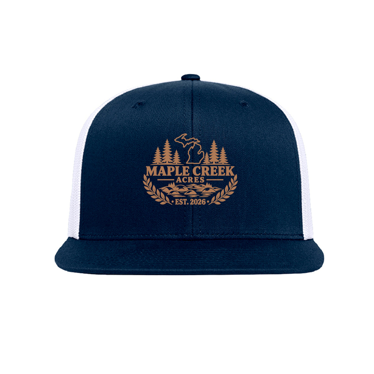 Maple Creek Acres High-Profile Trucker Cap in Navy/White — front view