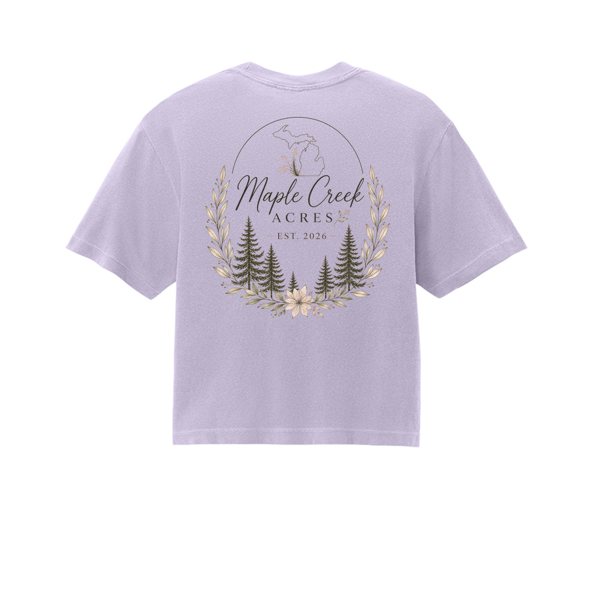 Maple Creek Acres Women’s Light Boxy Tee in Orchid — back view
