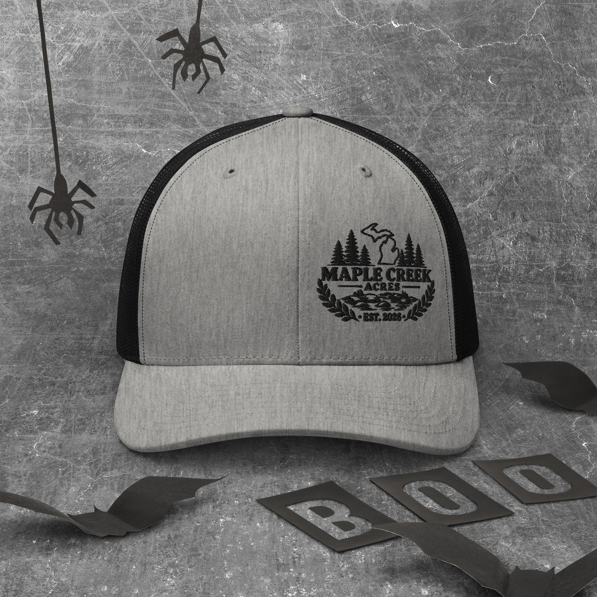 Maple Creek Acres Retro Trucker Cap in Heather/Black — front view