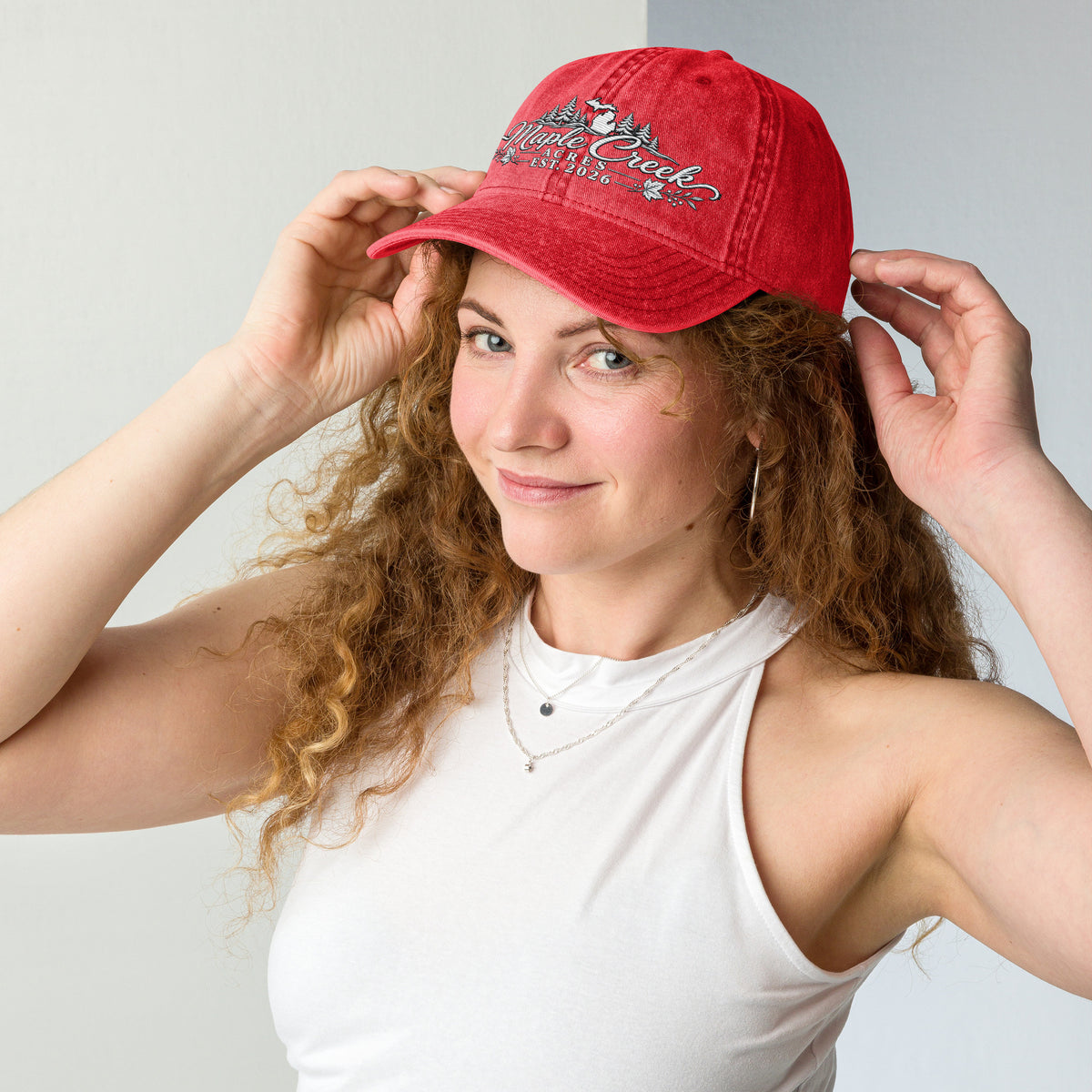 Maple Creek Acres Embroidered Vintage Cap in Red — front view